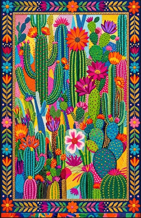 Arte de cactus y flores de DATELLA con bordes de tejido mexicano